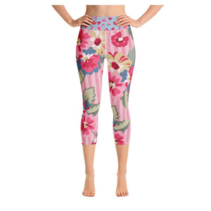 Rose Bloom Striped Colorful Print Women's Yoga Capris Legging